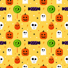 Fototapeta premium seamless pattern happy halloween icons isolated on orange background. vector Illustration.