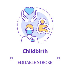 Childbirth concept icon. Obstetrician idea thin line illustration. Pregnancy, motherhood, doctor. Birthing care, healthcare. Maternity hospital. Vector isolated outline drawing. Editable stroke
