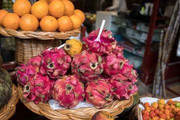 Fresh ripe dragon fruits or Pitaya  in Mercado Dos Lavradores. Funchal, Madeira, Portugal