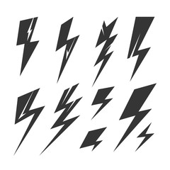 Lightning bolt isolated black silhouette set. Vector flat graphic design illustration