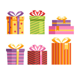 Decorated isolated gift boxes set. Vector flat graphic design illustration