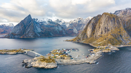 amazing view of reine fishing town at lofoten islands, norway - obrazy, fototapety, plakaty