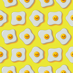 fried eggs funny cartoon character seamless pattern on yellow background. illustration vector.  