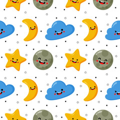 Naklejka na ściany i meble seamless pattern stars, moon and clouds. kawaii wallpaper on white background. baby cute pastel colors. vector Illustration.