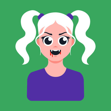 young blond vampire girl with blood on her lips and fangs. Flat character vector illustration.