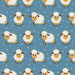 seamless sweet dreams sheep funny animal pattern on blue background for fabric, textile, paper, wallpaper, wrapping or greeting card. vector illustration.