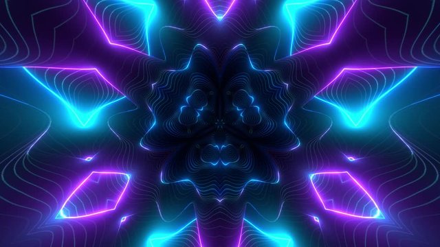 Looped animation. Abstract colorful kaleidoscope background in bright neon colors. Modern colorful wallpaper. 3d rendering.