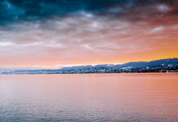 beautiful sunset on lake zurich