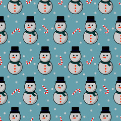 christmas seamless pattern. cute snowmen and candy isolated on blue background. vector Illustration.