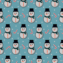 christmas seamless pattern. cute snowmen and candy isolated on blue background. vector Illustration.