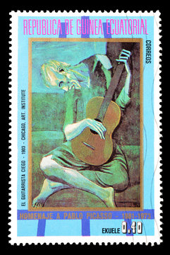 Cancelled postage stamp printed by Equatorial Guinea, that shows Paintings of the blue period by Picasso, circa 1973.