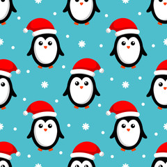 merry christmas seamless pattern with penguins isolated on blue background. Vector Illustration. 