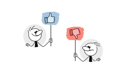 Doodle stick figure: People holding hands symbols. Like and dislike icons.