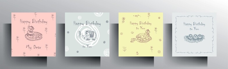 Set of greeting card templates. Design in pastel colors with a hand-drawn character. Vector 10 EPS.