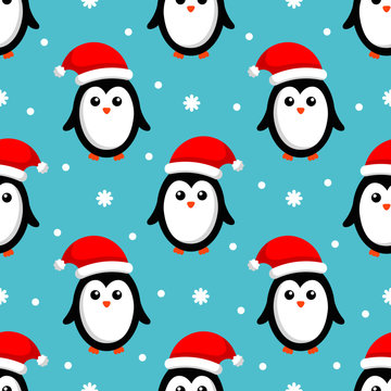 merry christmas seamless pattern with penguins isolated on blue background. Vector Illustration. 