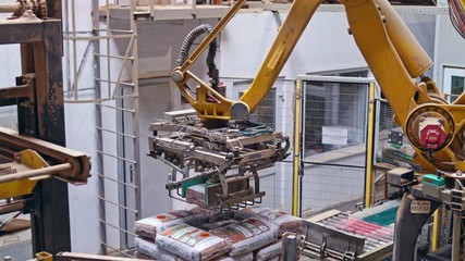 Mechanical robot with artificial intelligence sorts bags on the conveyor. Putting bags from line to the pallet. Process closeup.