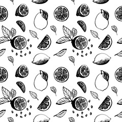 Cute hand drawn pattern with slices lemon with leaves and seeds for menu or recipe. Doodle vector illustration. Fresh and tasty.
