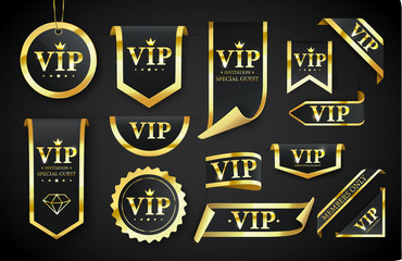 Vip label, badge or tag. Vector black banner with gold vip text. Vector illustration