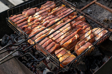 Juicy slices of raw pork for a picnic on grill