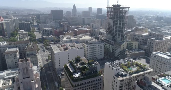 Aerial view of Downtown LA in the morning from Pershing Square