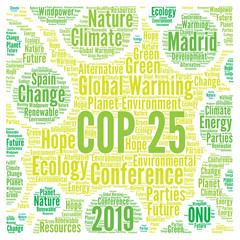 COP 25 in Madrid, Spain word cloud 