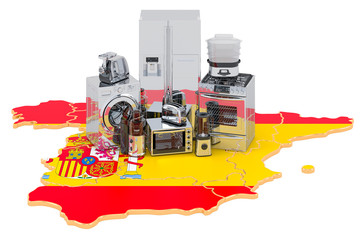 Kitchen and household appliance on the map of Spain. Production, shopping and delivery concept. 3D rendering