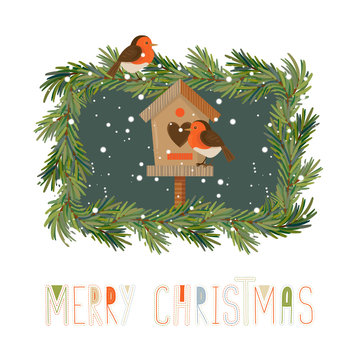 Greeting card in scandinavian style with two little birds, nesting box, Christmas tree branches and decorative lettering