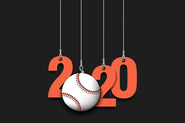2020 New Year and baseball ball hanging on strings