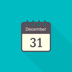 December 31 Calendar Icon, Vector Illustration in flat style with long shadow