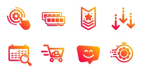 Cogwheel settings, Shoulder strap and Shopping cart line icons set. Ram, Smile face and Search calendar signs. Scroll down, Seo timer symbols. Engineering tool, Star rank. Business set. Vector