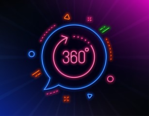 360 degrees line icon. Neon laser lights. Panoramic view sign. VR technology simulation symbol. Glow laser speech bubble. Neon lights chat bubble. Banner badge with 360 degrees icon. Vector
