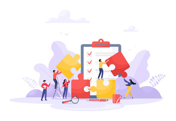 Business concept. People connecting puzzle elements. Symbol of teamwork, partnership, cooperation. Vector isolate on a white background in trend color.