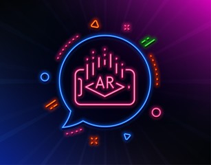 Augmented reality phone line icon. Neon laser lights. VR simulation sign. 3d view symbol. Glow laser speech bubble. Neon lights chat bubble. Banner badge with augmented reality icon. Vector