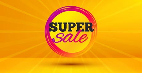 Discount banner shape. Super sale badge. Coupon bubble icon. Abstract yellow background. Modern concept design. Banner with offer badge. Vector