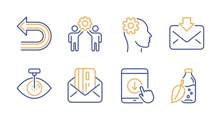 Credit card, Employees teamwork and Eye laser line icons set. Incoming mail, Scroll down and Undo signs. Engineering, Water bottle symbols. Mail, Collaboration. Business set. Vector