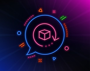 Return package line icon. Neon laser lights. Delivery parcel sign. Cargo goods box symbol. Glow laser speech bubble. Neon lights chat bubble. Banner badge with return package icon. Vector