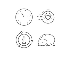 Timer line icon. Chat bubble, info sign elements. Time management sign. Stopwatch with heart symbol. Linear timer outline icon. Information bubble. Vector