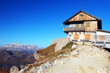 Built in 1883, the mountain hut Rifugio Nuvolau is the oldest refuge in the Dolomites, built on the...