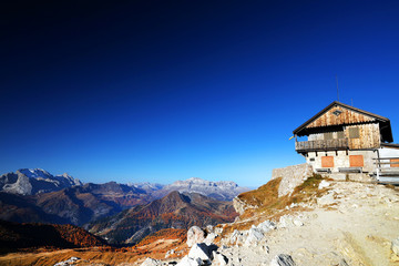 Built in 1883, the mountain hut Rifugio Nuvolau is the oldest refuge in the Dolomites, built on the...