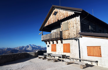 Built in 1883, the mountain hut Rifugio Nuvolau is the oldest refuge in the Dolomites, built on the...
