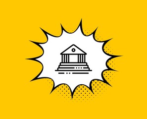 Court building line icon. Comic speech bubble. City architecture sign. Courthouse, government symbol. Yellow background with chat bubble. Court building icon. Colorful banner. Vector
