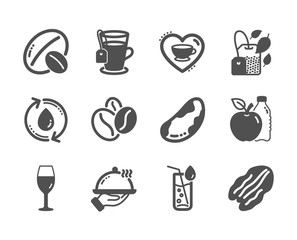 Set of Food and drink icons, such as Soy nut, Restaurant food, Coffee beans, Love coffee, Wineglass, Tea, Apple, Pecan nut, Refill water, Mint bag, Water glass classic icons. Soy nut icon. Vector