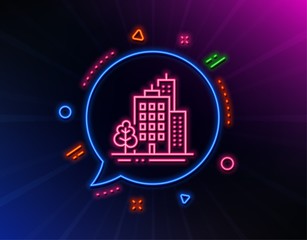 Buildings line icon. Neon laser lights. City architecture with tree sign. Skyscraper building symbol. Glow laser speech bubble. Neon lights chat bubble. Banner badge with buildings icon. Vector