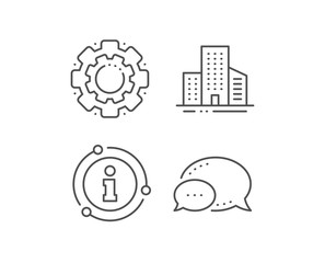 Buildings line icon. Chat bubble, info sign elements. City architecture sign. Skyscraper building symbol. Linear buildings outline icon. Information bubble. Vector