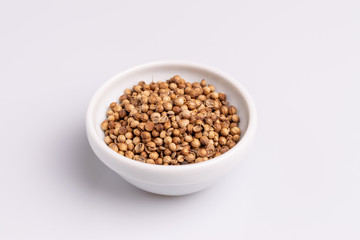 Coriander seeds in white ceramic bowl isolated on white background, soft light, studio shot, copy space
