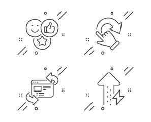 Refresh website, Rotation gesture and Like line icons set. Energy growing sign. Update internet, Undo, Social media likes. Power usage. Business set. Line refresh website outline icon. Vector