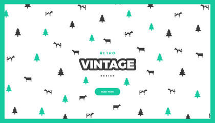 Vintage website template. Retro style vector colorful background, cute farm illustration design with pine trees and cows for poster or web page