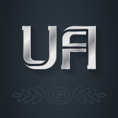 UA - abbreviation of Ukraine. Metallic 3d icon or logotype template. Luxury Design element with lineart option. Silver logo.