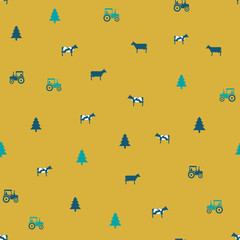 Vintage seamless pattern. Retro style vector colorful background, cute farm template with tractors, pine trees and cows for wrapping paper, web design, patchwork, sewing or sheet fabric