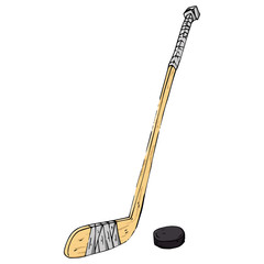 Hockey stick with puck. Vector illustration of a hockey stick. Hand drawn sports equipment hockey stick for playing hockey with a puck.
